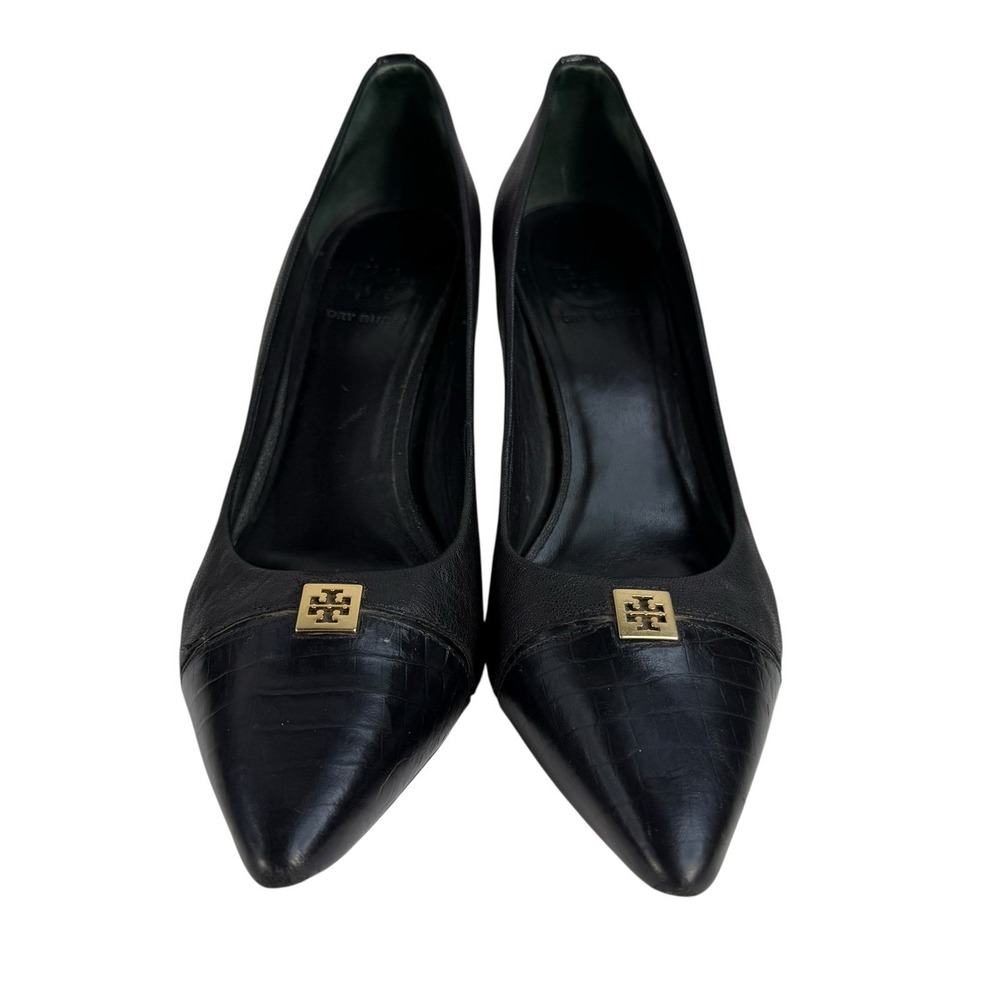 Tory Burch Size 8.5 Cap Toe Pump Black Leather Lizard Embossed Heels Toe Logo